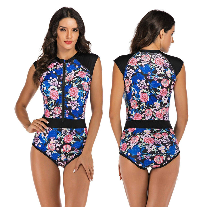 Women's sporty one-piece swimsuit on a hanger, ready for beach vacation & summer fashion. Active comfort design.
