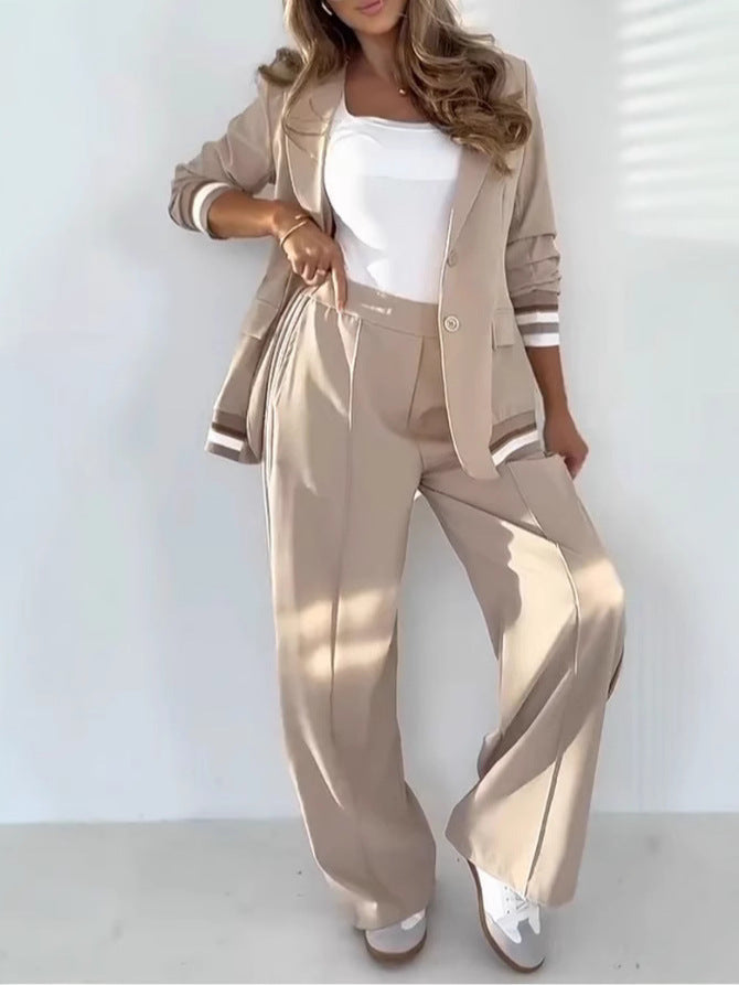 Women's sporty tailored blazer and wide-leg trousers co-ord set in a chic, comfortable fabric.