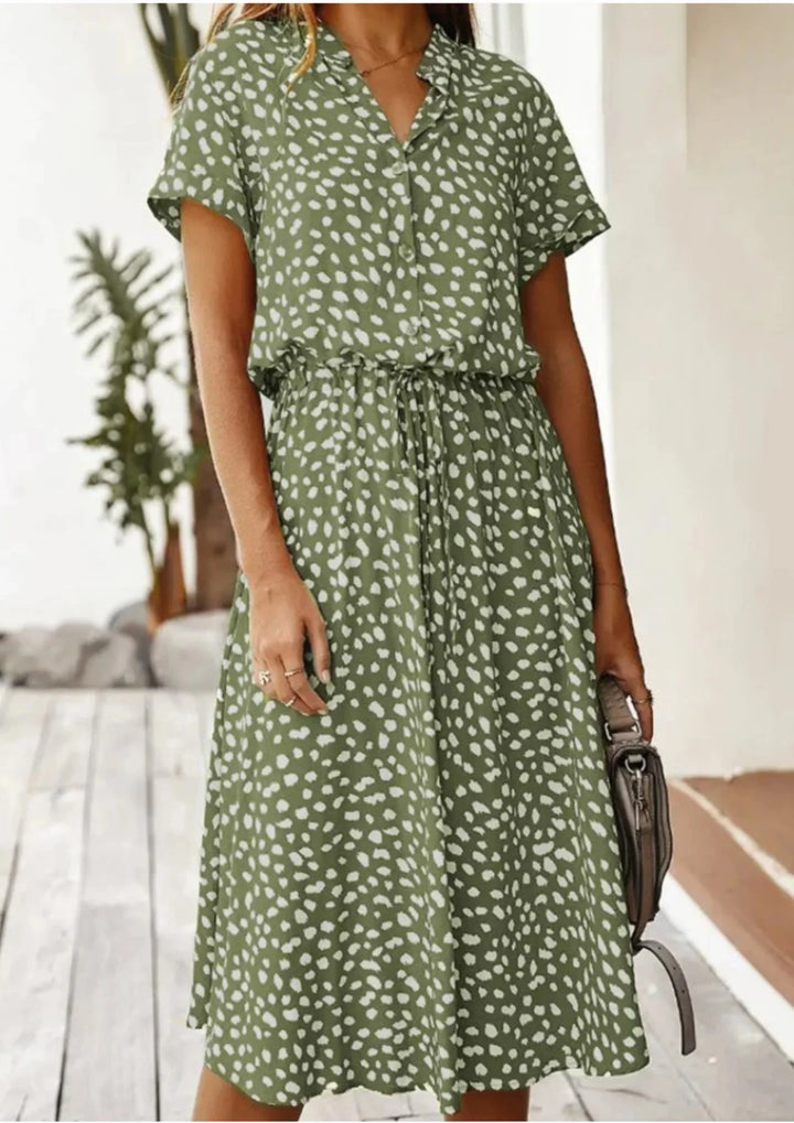Versatile women's casual spotted print midi dress; button-down, drawstring waist, ideal for daily wear.