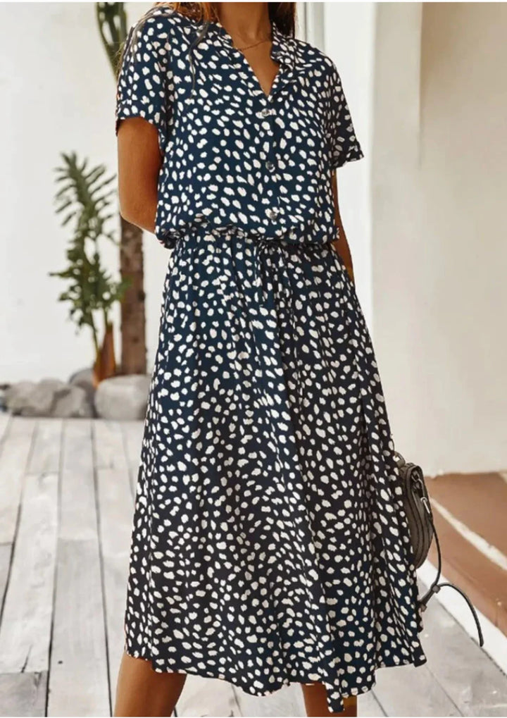 Spring casual spotted print button-down midi dress, comfortable fit with an adjustable drawstring waist.