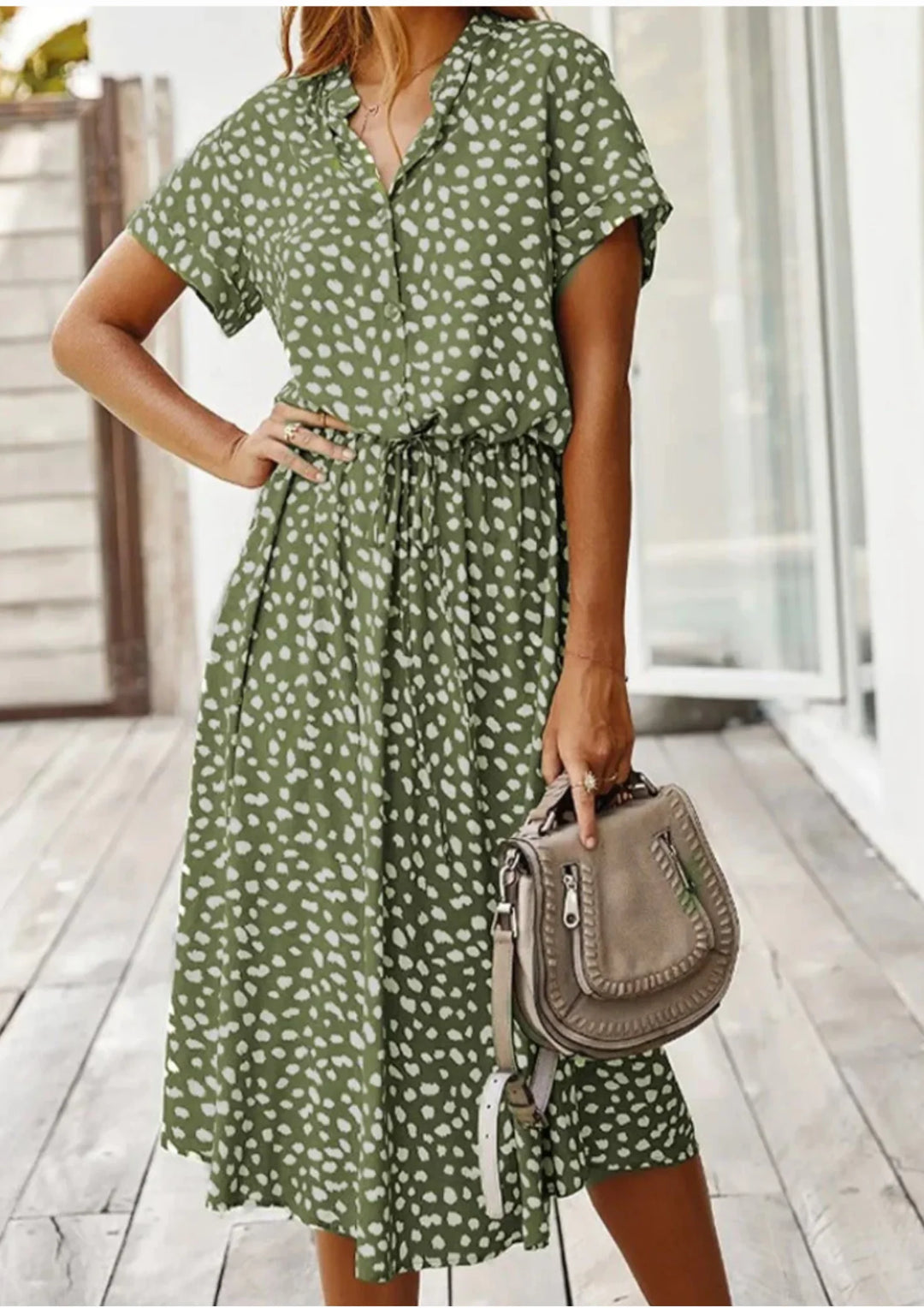 Casual spotted print midi dress for women, featuring a button-down front and adjustable drawstring waist.