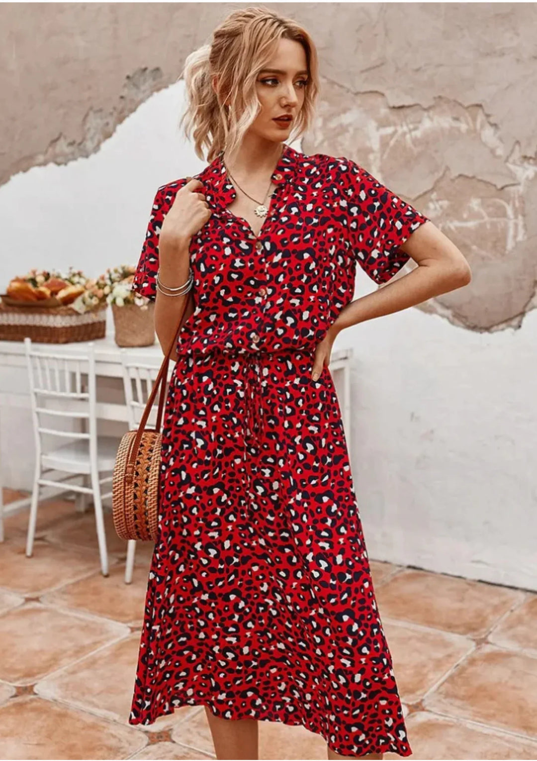 Trendy polka dot button-down midi dress for women, featuring a flattering drawstring waist, spring fashion.