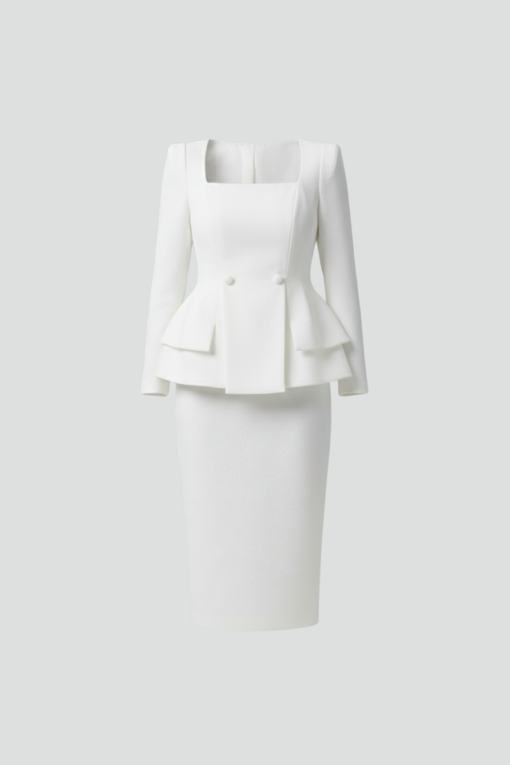 Elegant women's square neck skirt suit. A chic, tailored two-piece blazer and midi co-ord for professional women.