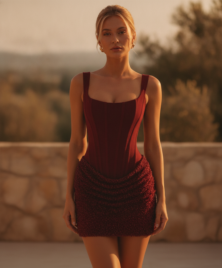Women's square neck corset bodycon mini dress, perfect for parties and glamorous clubwear.