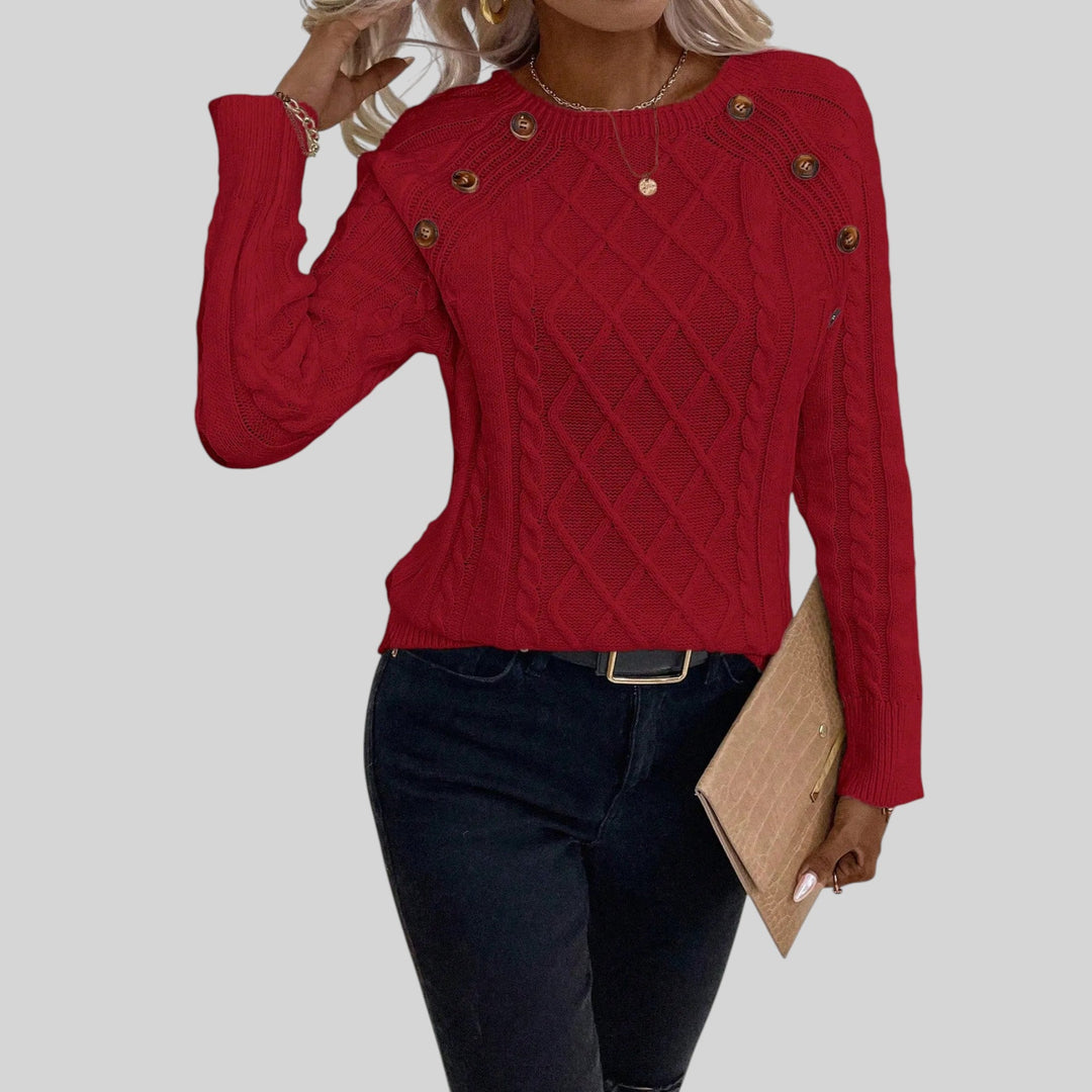 Elegant women's knit sweater, square neck & button details, perfect for fall outfits. Features lantern sleeves.