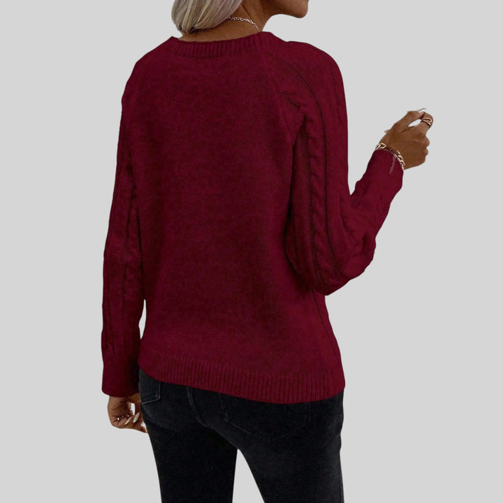 Square neck knit sweater for women, accentuating button details and elegant lantern sleeves design.