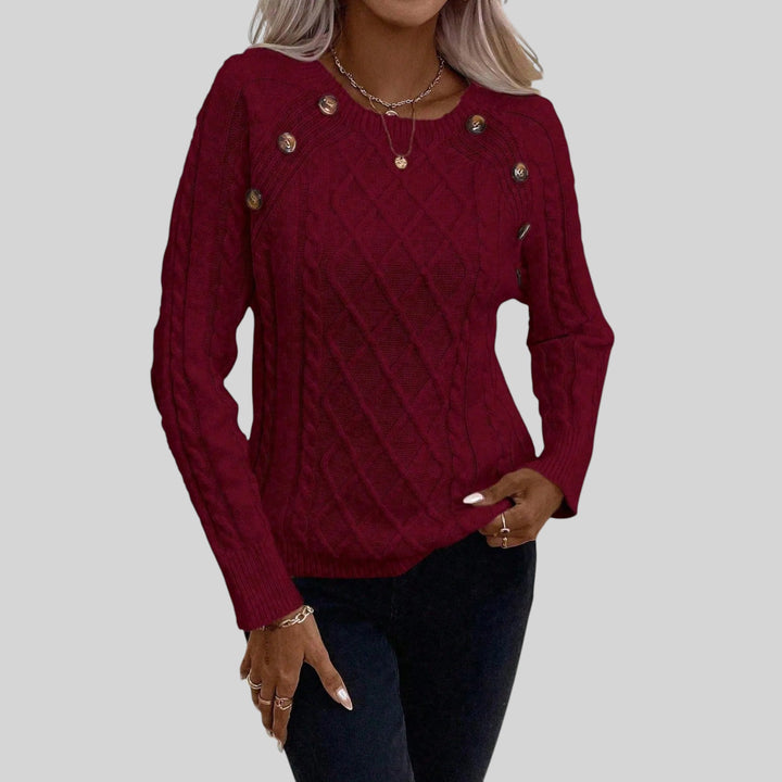 Fashionable women's square neck knit sweater, buttoned design, and elegant lantern sleeves.