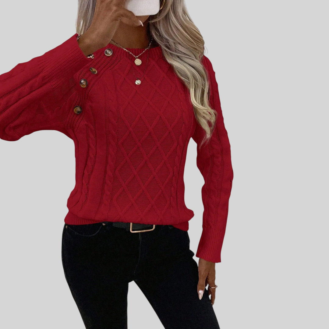 Dressy casual women's knit sweater with square neck, button detail, and lantern sleeves for fall wear.