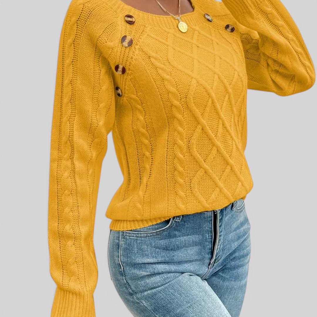 Women's cozy knit sweater, square neck with button accents and stylish lantern sleeves. Versatile fashion.