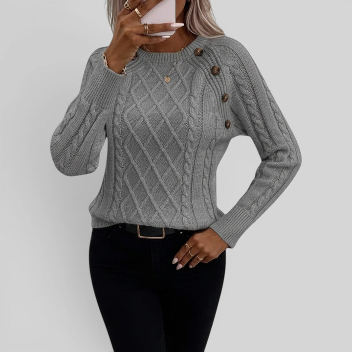 Cozy knit sweater for women with stylish lantern sleeves, square neck, and decorative button details.