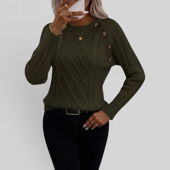 Chic ladies' knit sweater: square neck, decorative buttons, and elegant lantern sleeves for versatile fashion.
