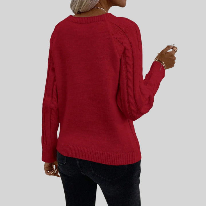 Fall/winter women's square neck knit sweater, cozy & elegant with button details and lantern sleeves.