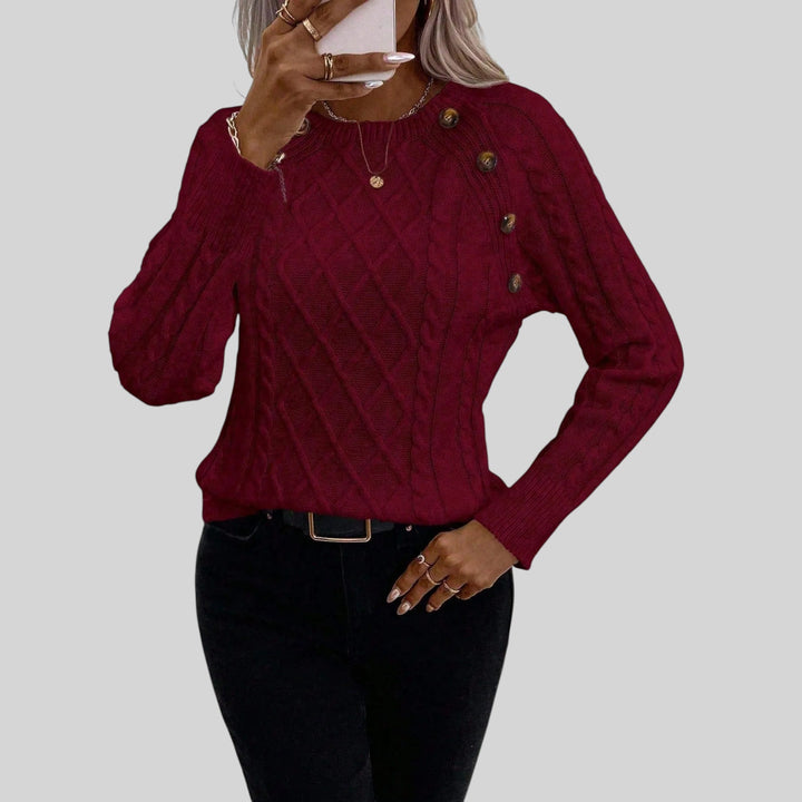 Soft knit women's sweater, square neck, button details, and lantern sleeves, ideal for cozy style.
