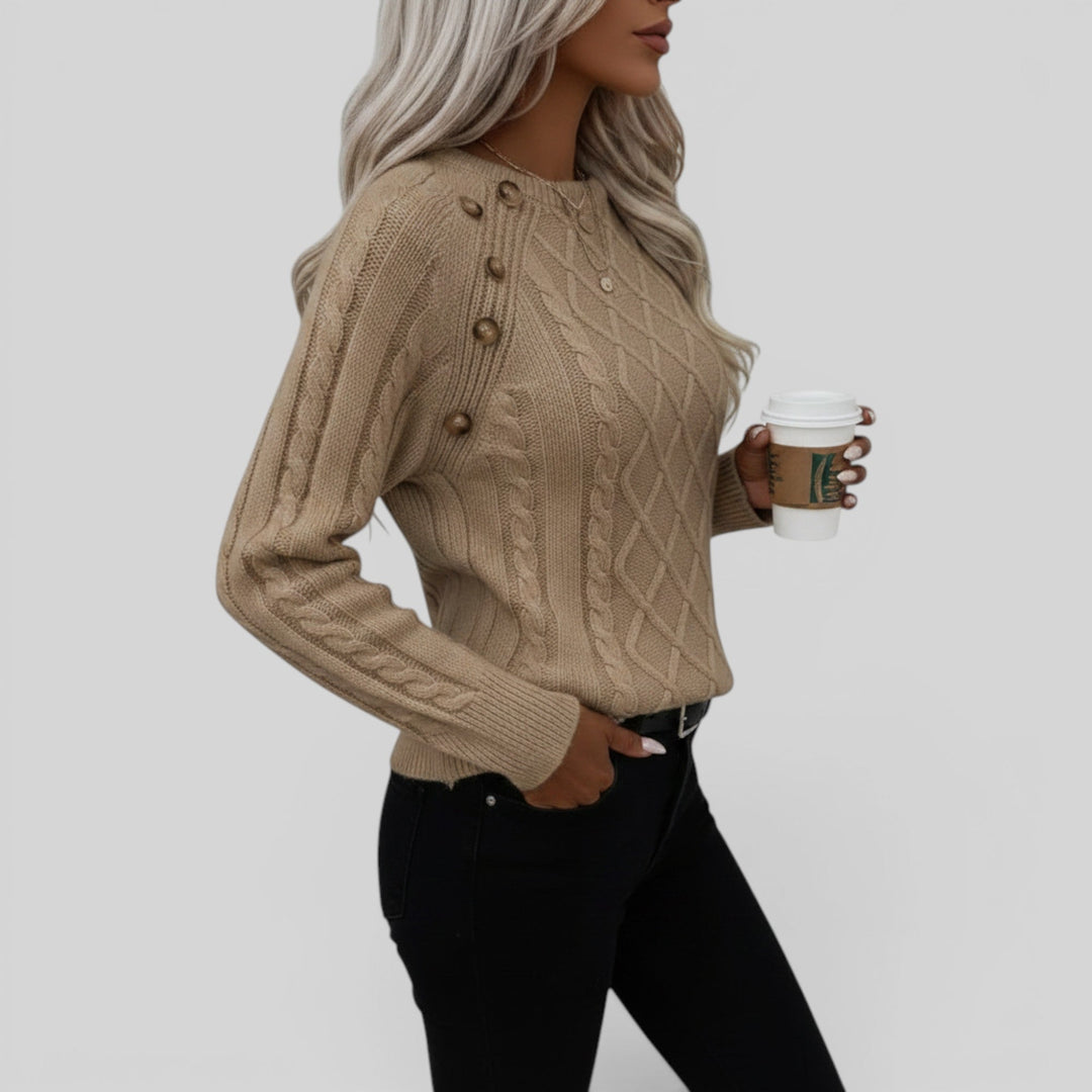 Women's square neck knit sweater, featuring intricate button details and fashionable lantern sleeves.