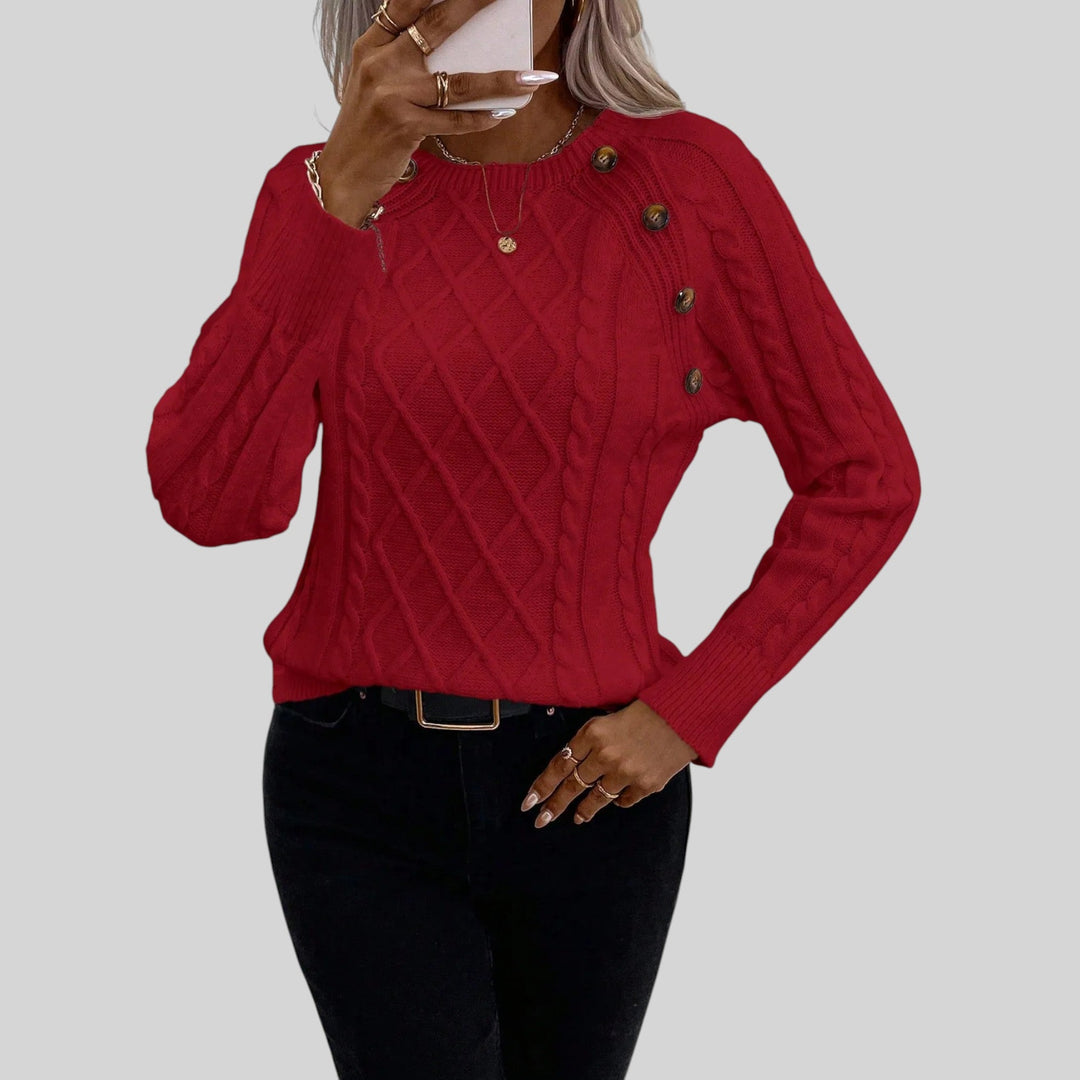 Versatile women's knit sweater: square neck, button detail, and lantern sleeves for elegant fall outfits.