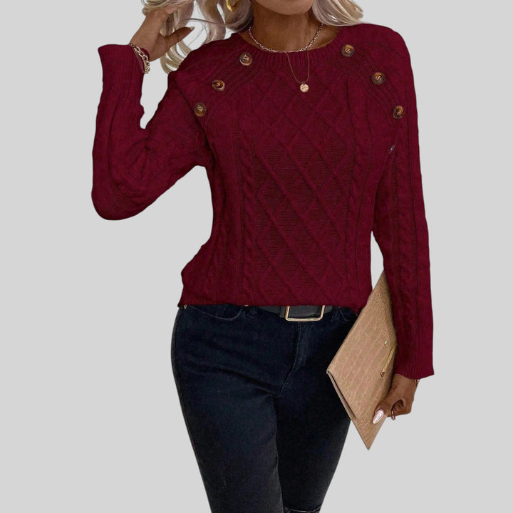 Ladies' chic square neck knit sweater with stylish button details and comfy lantern sleeves.