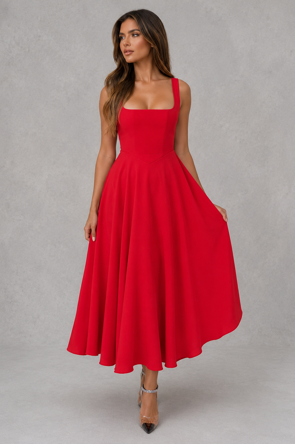 Comfortable women's sleeveless midi dress, square neck design, perfect for warm weather and effortless style.
