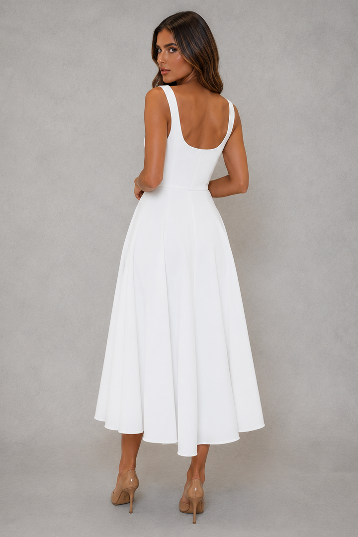 Flowy women's summer midi dress, square neckline, perfect for vacation, beach, or effortless casual wear.