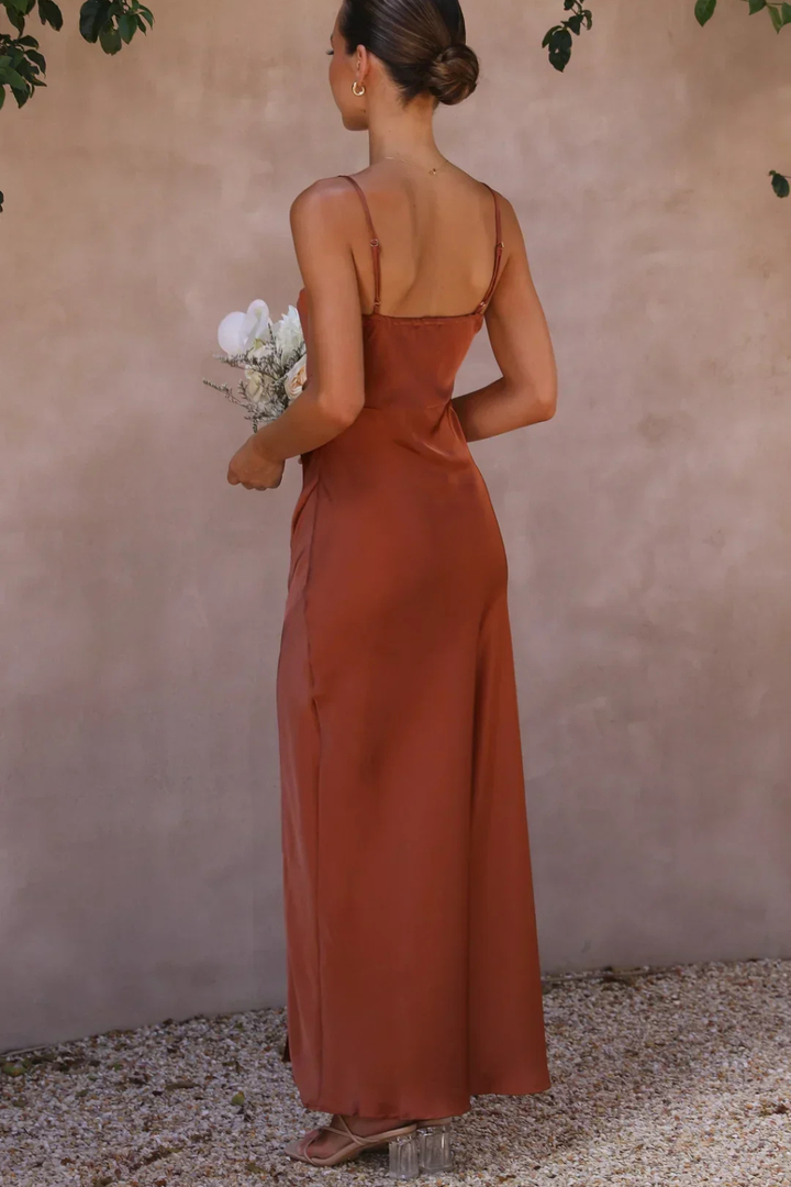Yellow square neck side slit midi dress. A stylish choice for women attending weddings, formal events, or parties.
