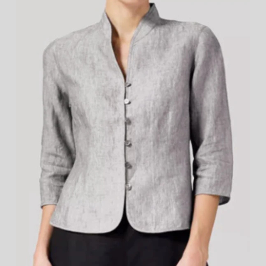 Women's stand-collar blouse with three-quarter sleeves & button front. Chic & versatile for work or casual wear.
