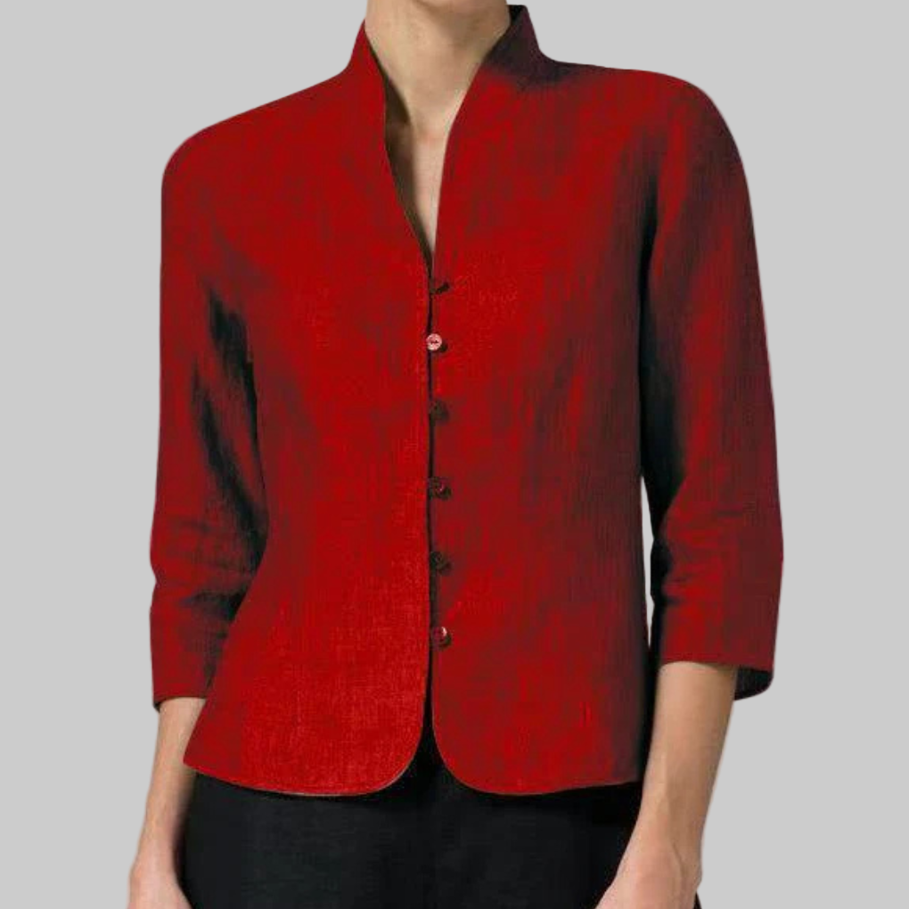 Elegant women's stand-collar blouse, a modern classic. Perfect for workwear or chic casual fashion.