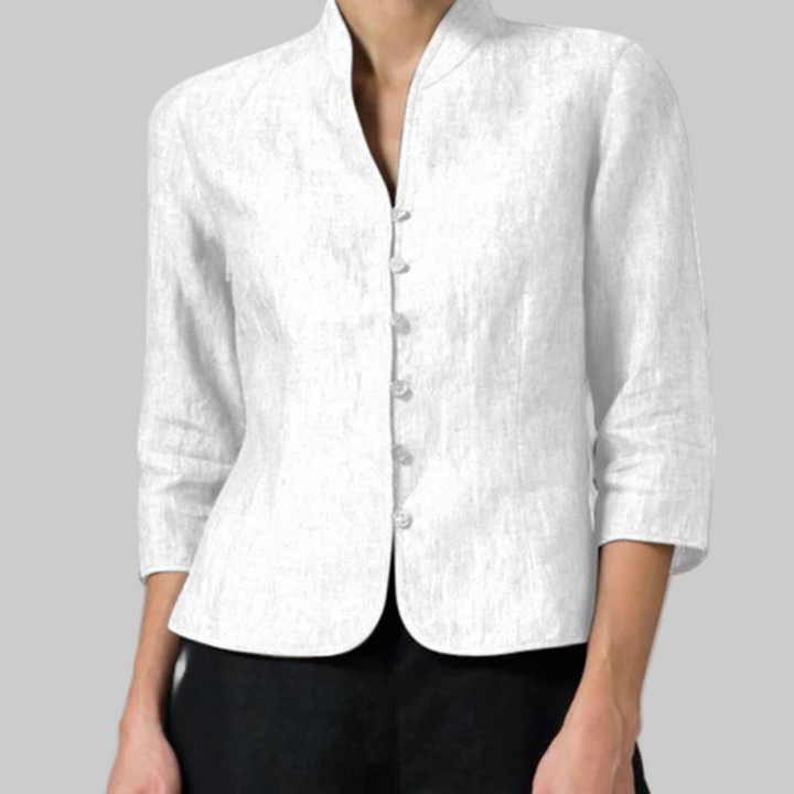 Chic women's stand-collar top with button front, three-quarter sleeves. Elegant ladies blouse for any occasion.