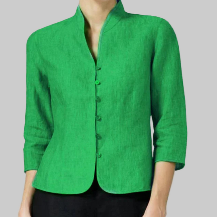 Ladies stand-collar blouse, a chic & modern classic. Features three-quarter sleeves, perfect for work or casual.