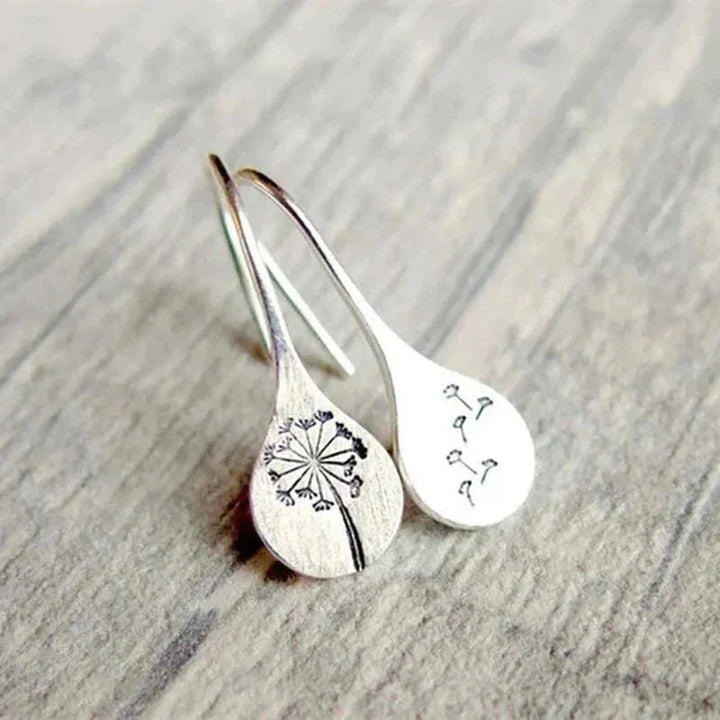 Elegant sterling silver dandelion teardrop dangle earrings for women, featuring a secure hook closure. Perfect gift.