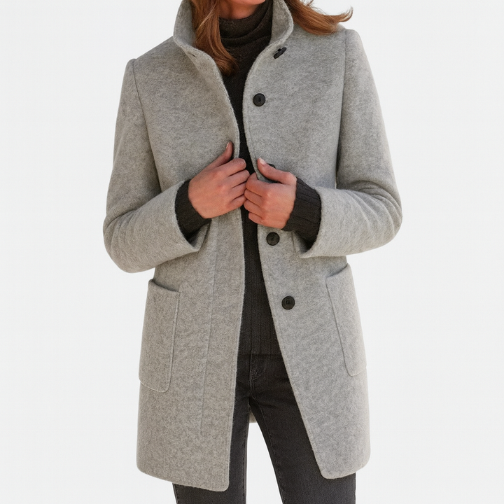 Women's straight cut mid-length coat with button front, perfect for fall and winter style.