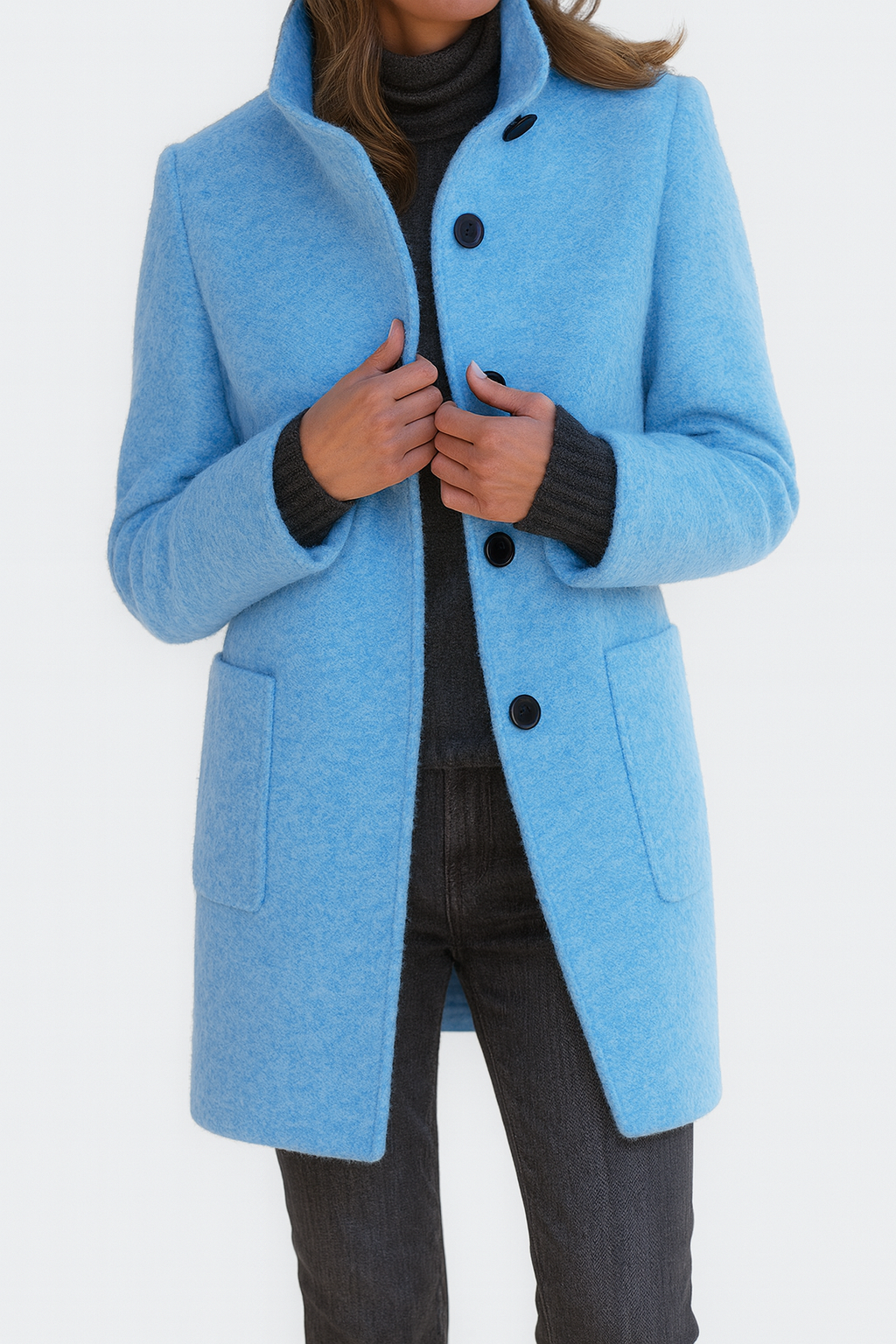 Smart women's mid-length straight cut coat with button front, a key piece for elegant fall & winter fashion.