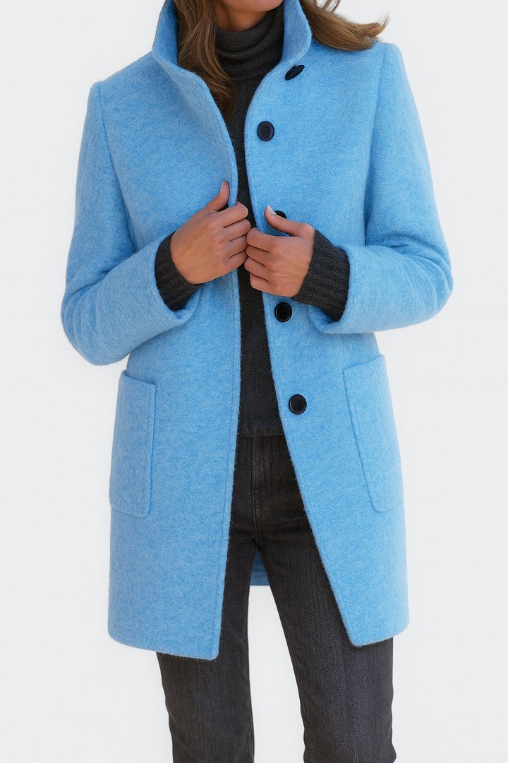 Smart women's mid-length straight cut coat with button front, a key piece for elegant fall & winter fashion.