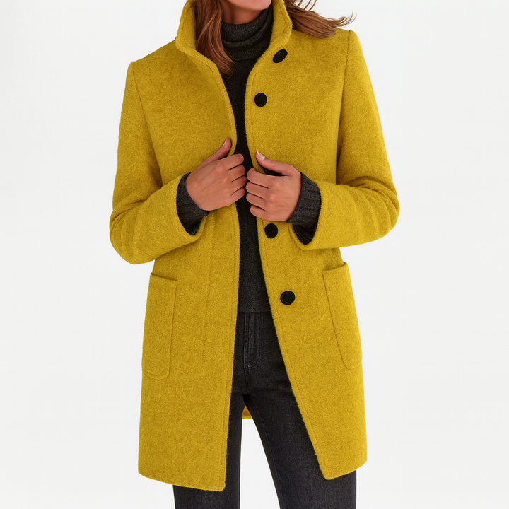 Classic women's mid-length coat, straight cut silhouette with a button-front closure for refined outerwear.