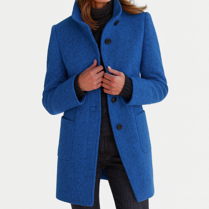 Elegant women's straight cut button-front mid-length coat, a classic choice for stylish outerwear.