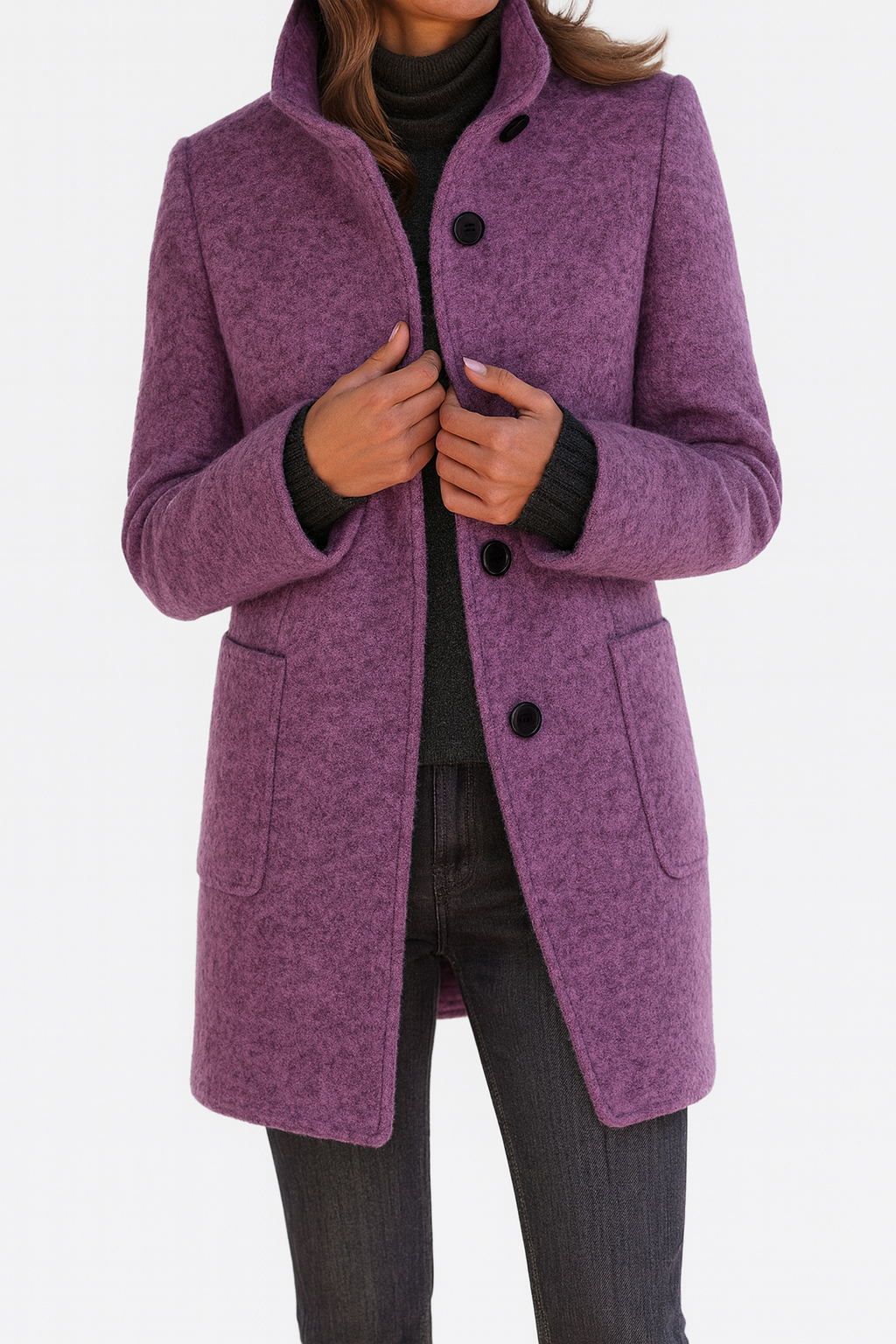 Mid-length straight cut women's coat with button closure & patch pockets, ideal for fall/winter fashion.