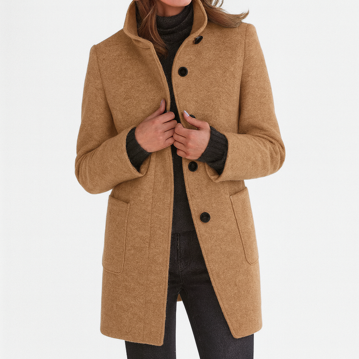 Chic women's straight cut button-front coat, mid-length outerwear for elegant fall and winter fashion.