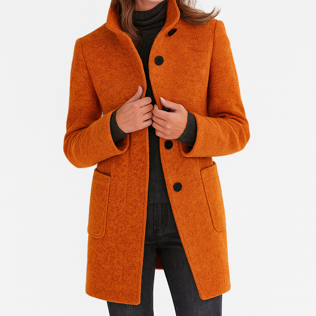 Versatile women's straight cut mid-length coat, button-front design for classic, everyday fall/winter style.