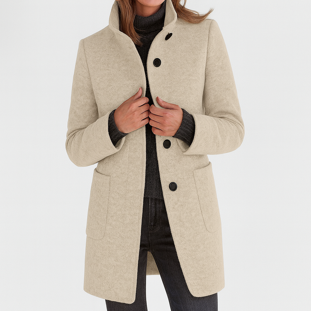 Women's straight cut button-front mid-length coat, essential outerwear for a stylish fall/winter look.