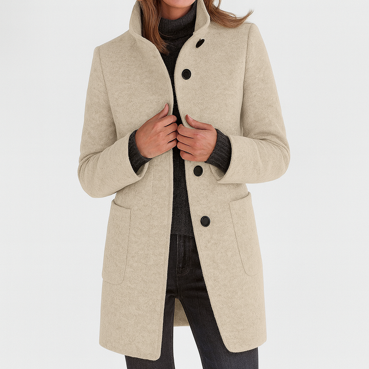 Women's straight cut button-front mid-length coat, essential outerwear for a stylish fall/winter look.