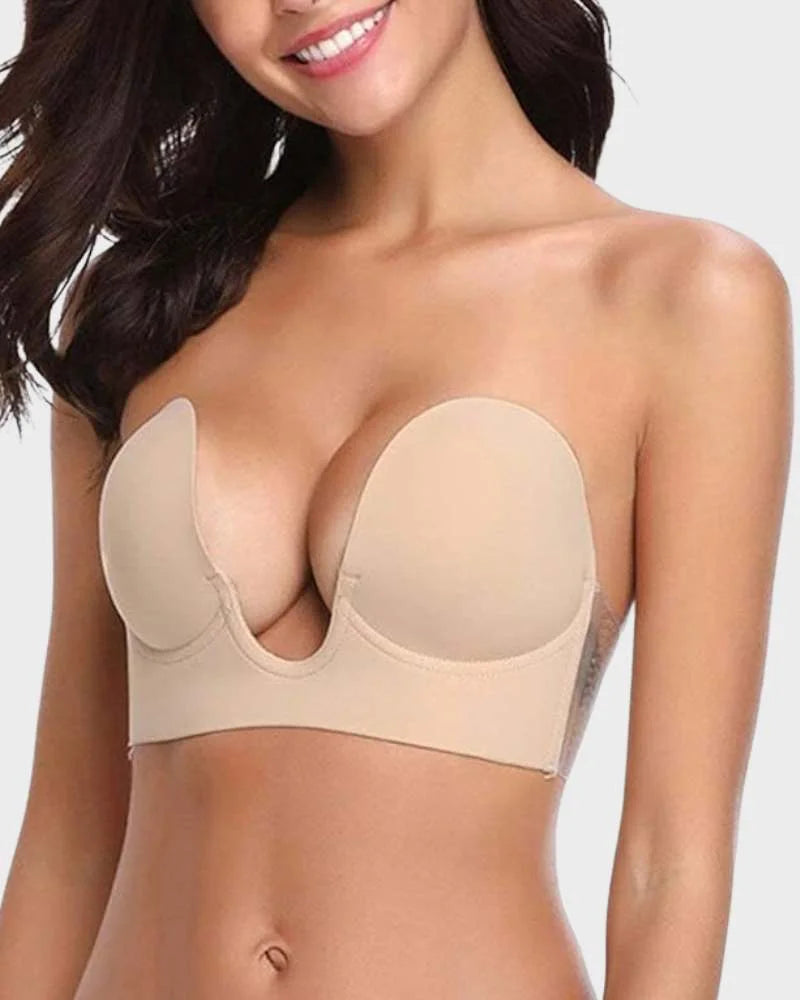 Invisible deep-U plunge bra, women's self-adhesive strapless & backless for ultimate cleavage & support.