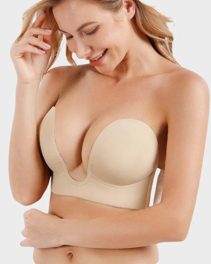 Women's deep-U plunge bra, self-adhesive, strapless and backless design for a perfect, invisible lift.