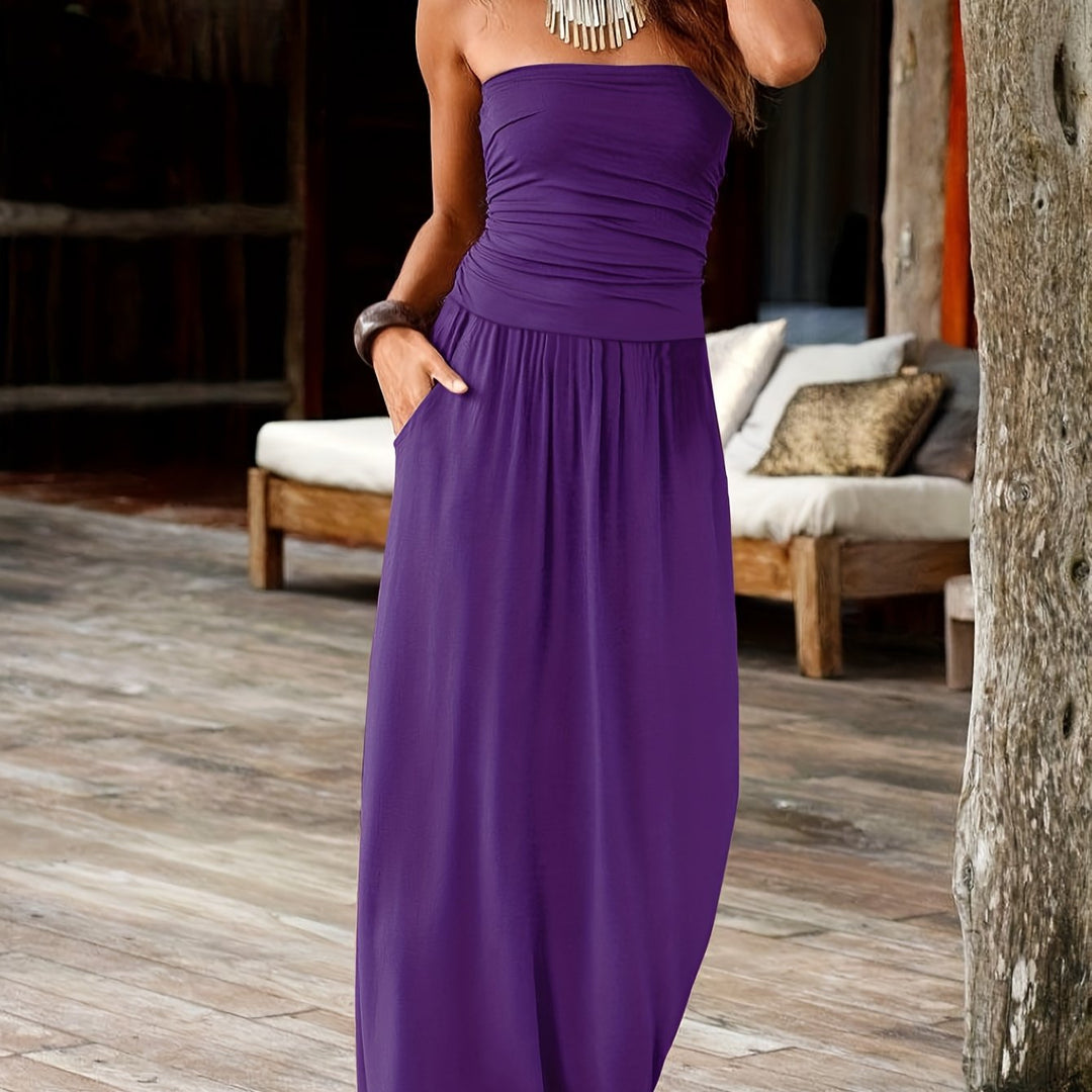 Comfortable & stylish women's bandeau midi dress, cinched waist, pockets, great for versatile wear.