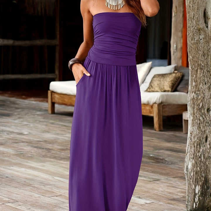 Comfortable & stylish women's bandeau midi dress, cinched waist, pockets, great for versatile wear.