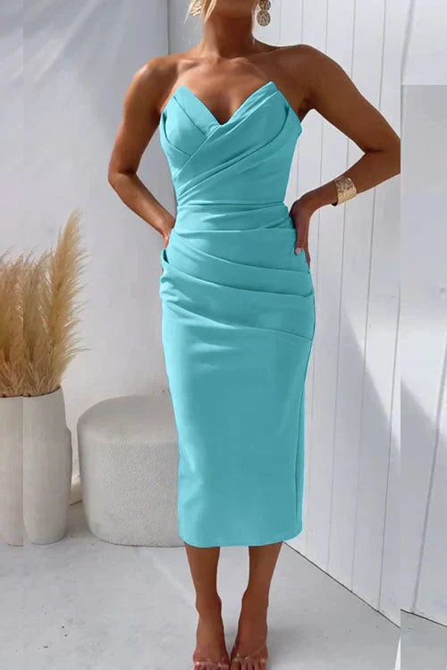 Glamorous strapless bodycon midi dress for women, ideal for elegant cocktail parties.