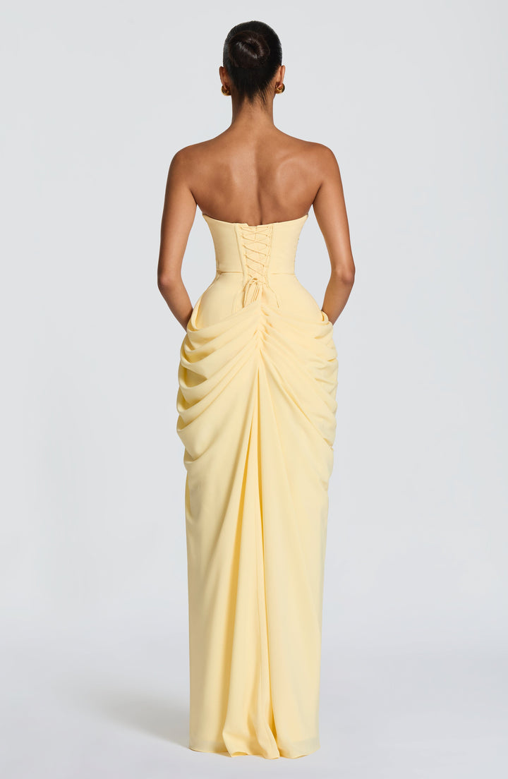 Elegant women's strapless evening maxi dress with a bodycon fit, corset detailing & ideal for formal events.