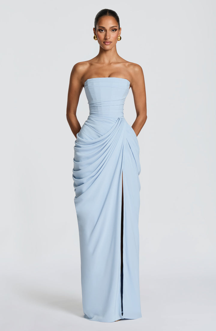 Elegant women's strapless evening gown with a bodycon fit. Designed for formal events and party glamour.