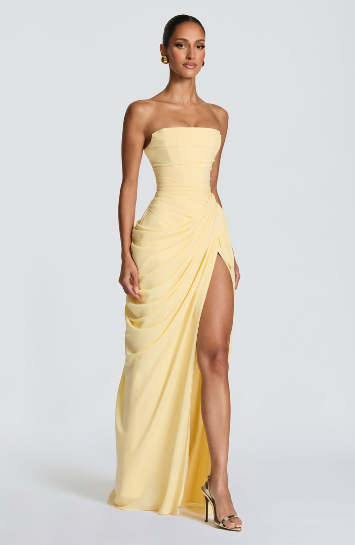Women's formal strapless maxi dress featuring a chic lace-up corset back & flattering bodycon silhouette.