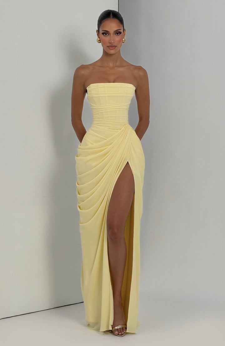 Sculpted women's strapless party dress; bodycon maxi style with a flattering corset top & leg slit.