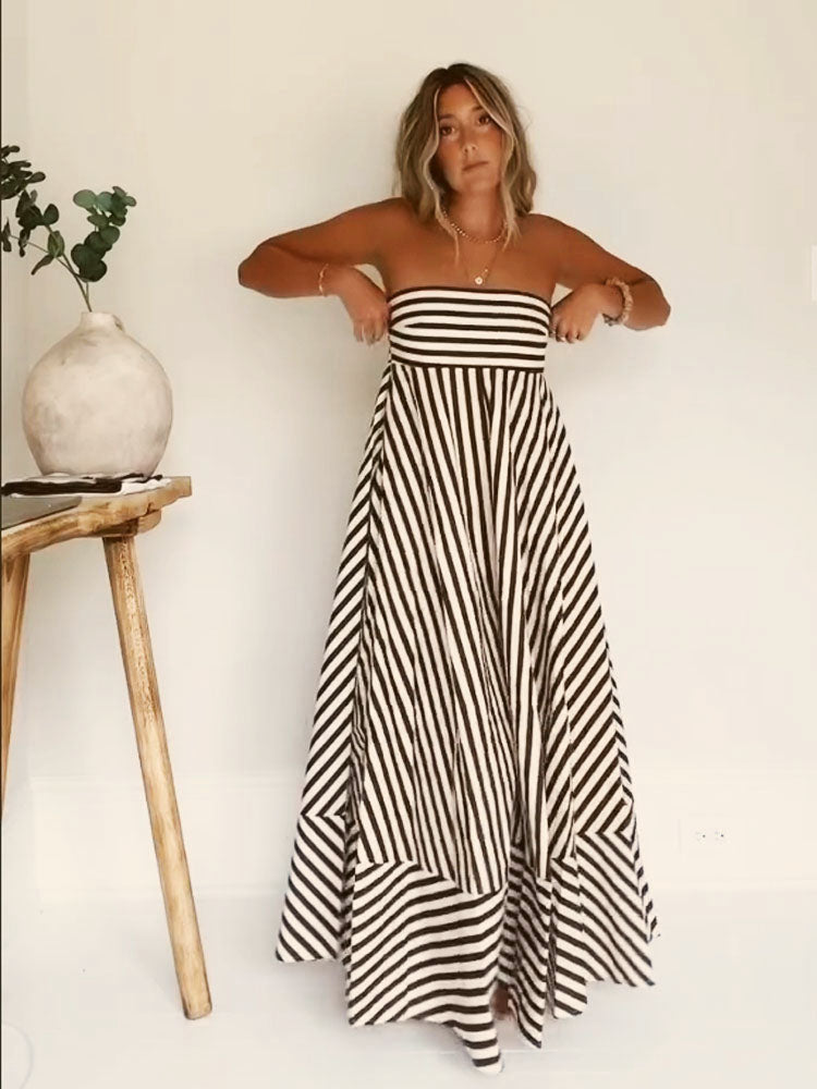 Women's strapless diagonal striped maxi dress, perfect for summer holidays & elegant evenings.