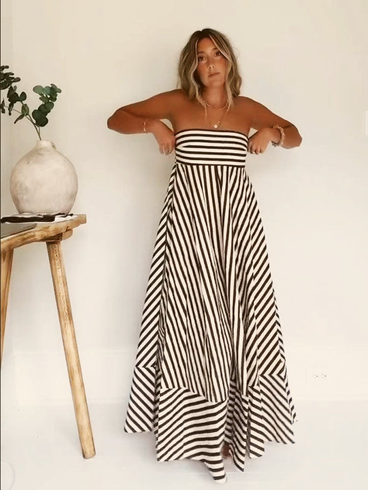 Women's strapless diagonal striped maxi dress, perfect for summer holidays & elegant evenings.
