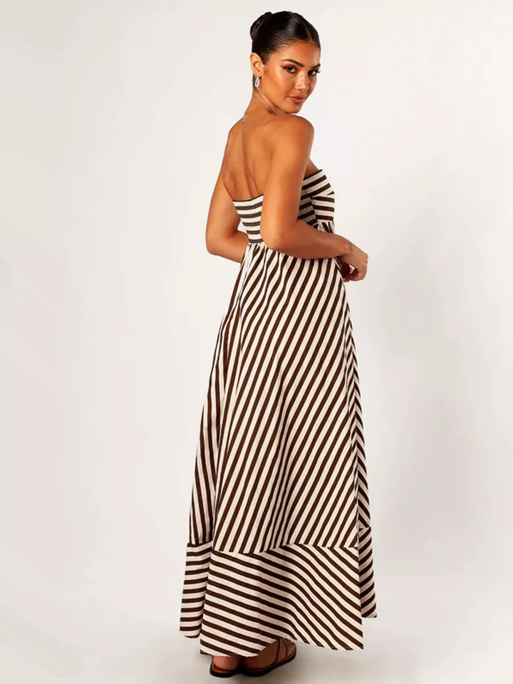 Flared strapless maxi dress for women, showcasing a fashionable diagonal stripe design for a chic look.